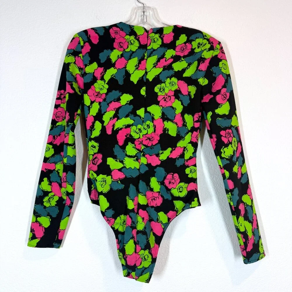 ZARA Floral Bodysuit Top Long Sleeve Wrap V Neck Black Pink Green Neon Small